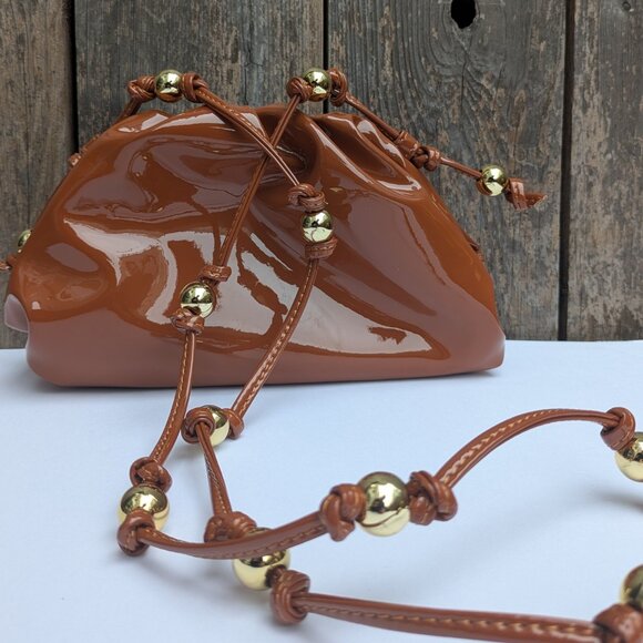 Brown Leather Crossbody Bag Small Pouch Purse with Gold Beads Shiny Mini Bag NW - Picture 10 of 11